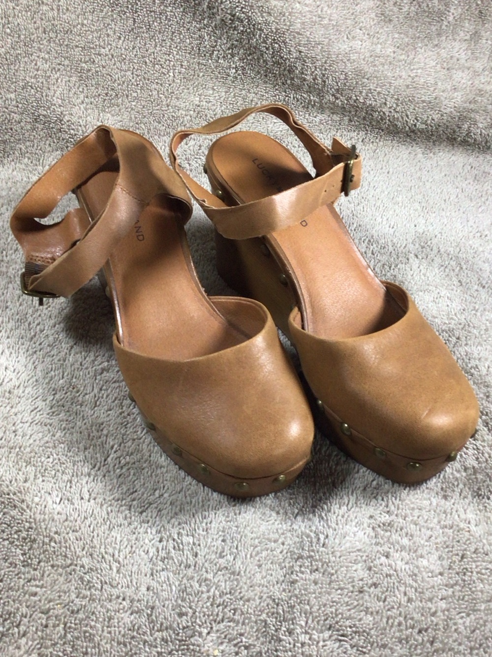 Lucky brand, Zazmini, closed, round toe wedge sandals, tan, size 7